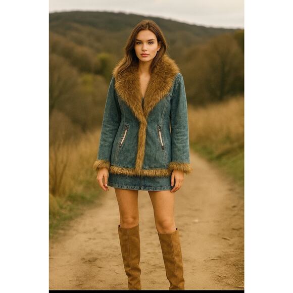 Vtg Mixit Penny Lane Coat Womens S Denim Faux Fur Y2K Quilted Lining Cabincore - Picture 1 of 16